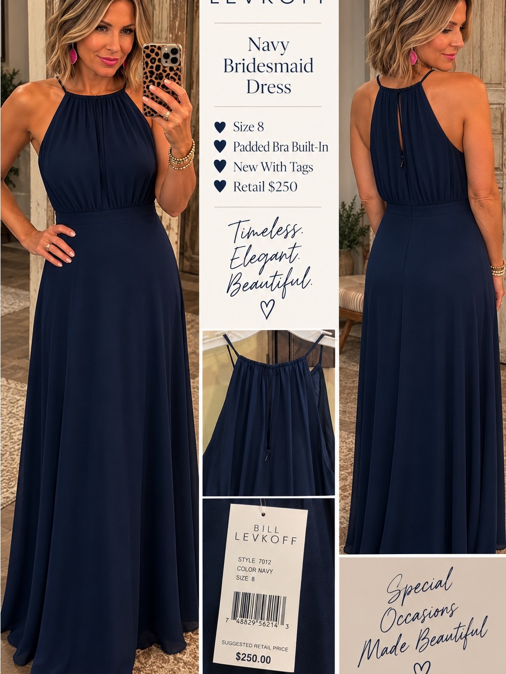 Bill Levkoff Navy Halter Maxi Dress